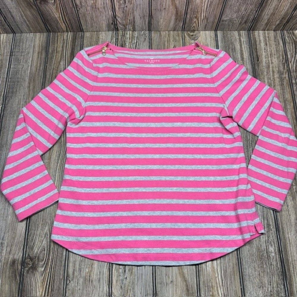 Talbots Petites Pink Gray Striped Cotton Top Gold Shoulder Zippers MP